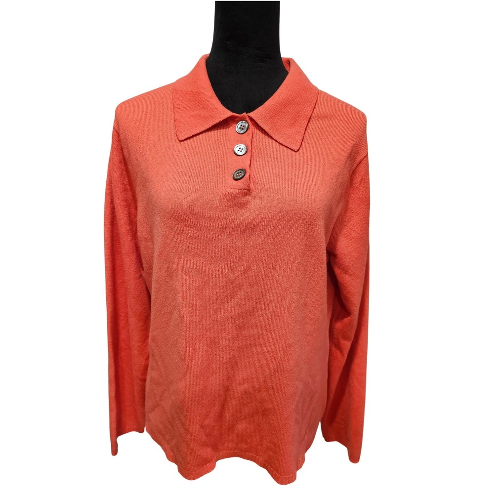 Talbots Cashmere‎ Polo Sweater Womens L Coral Orange Long Sleeve Knit Preppy